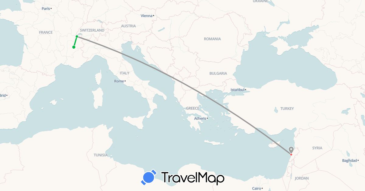 TravelMap itinerary: driving, bus, plane, hiking in Switzerland, France, Lebanon (Asia, Europe)